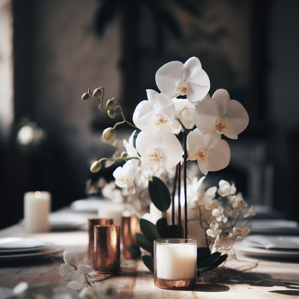 Arranjo flores mesa convidados acasamento simple orquideas