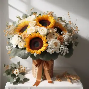 Buque girassois e rosas brancas para entrega valor