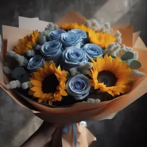 envio Buque girassois com rosas azuis valor