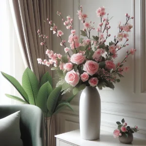 Arranjo artificial com rosas para canto sala