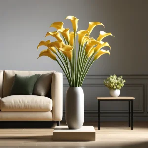 Arranjo de copo de leite amarelo artificial para sala