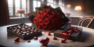 Bouquet chocolate e rosa vermelha