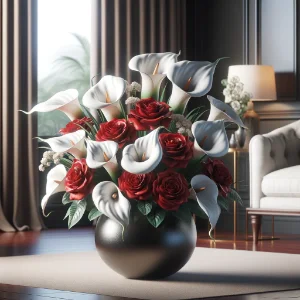 arranjo artificial copo leite e rosa vermelha para sala