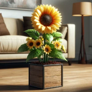 arranjo girassois artificiais em vaso madeira para sala