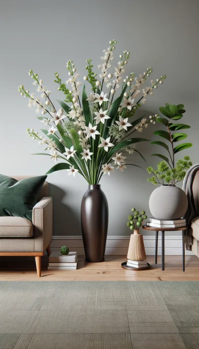 arranjos grandes de flores artificiais para canto de sala