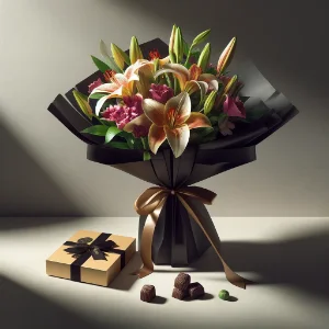 buque de lirios com chocolates