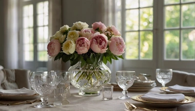 arranjo de rosas e peonias para mesa de jantar